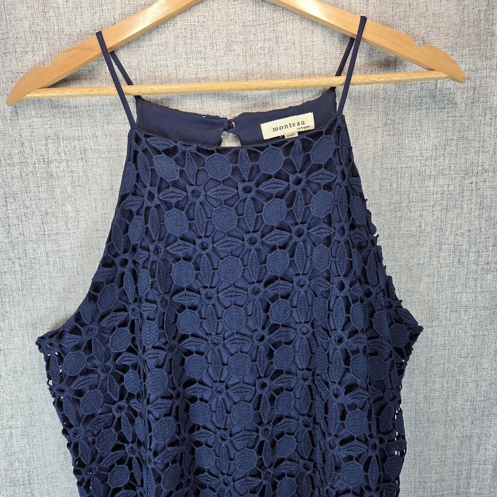 Navy Crochet Floral Lace Large Sleeveless Lined Halter Shift Dress Boho Monteau